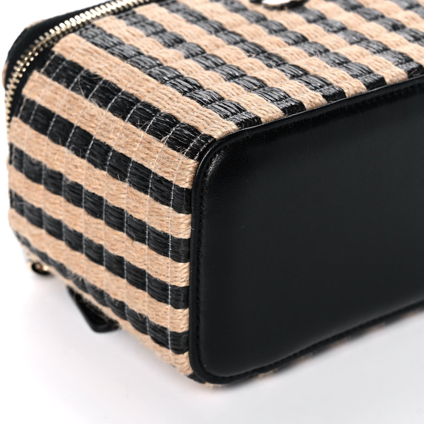 Raffia Jute Striped Small Vanity Case With Chain Black Beige