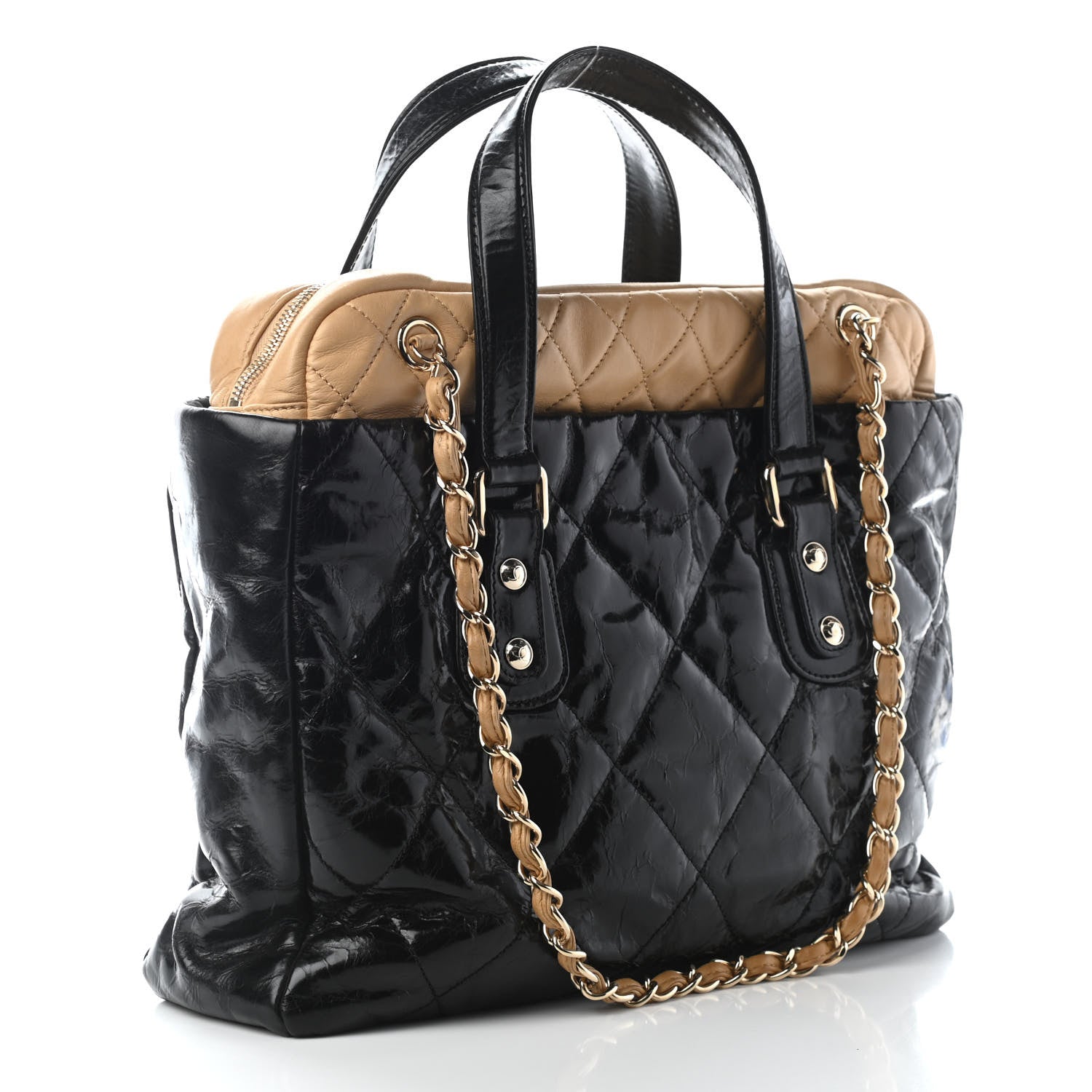 Chanel Glazed Calfskin Lambskin Portobello Tote Black Beige 3 of 11