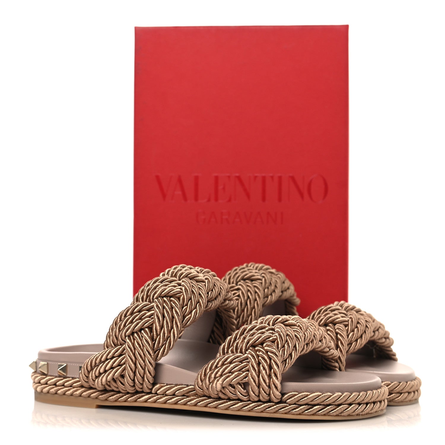 Valentino Garavani Calfskin Silk Woven Rockstud Torchon 5mm Sandals 36 Poudre 10 of 10