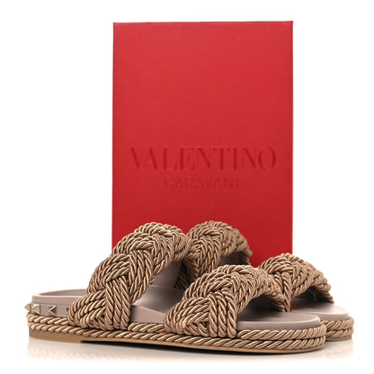Valentino Garavani Calfskin Silk Woven Rockstud Torchon 5mm Sandals 36 Poudre 10 of 10