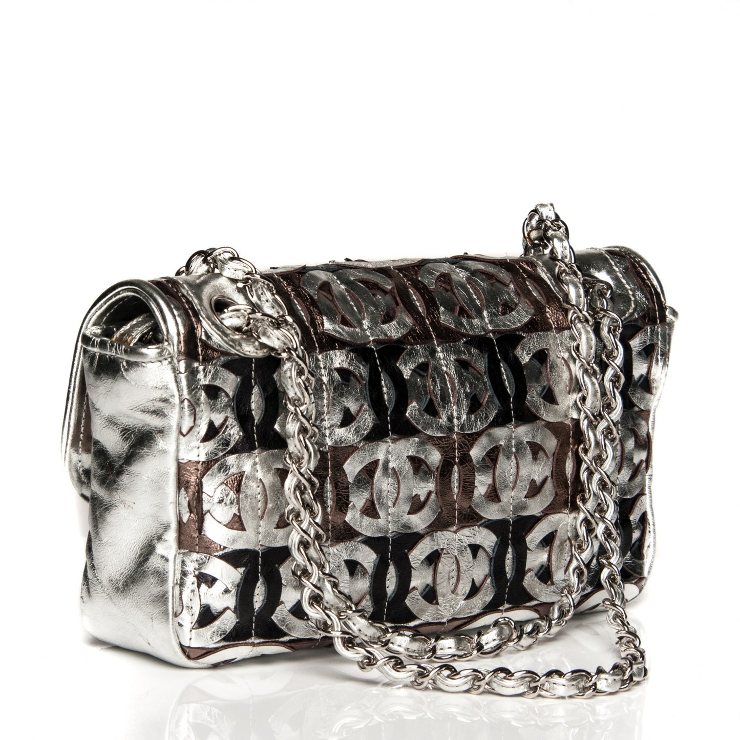 Metallic Crackled Calfskin Medium CC Mix Flap Silver Gold