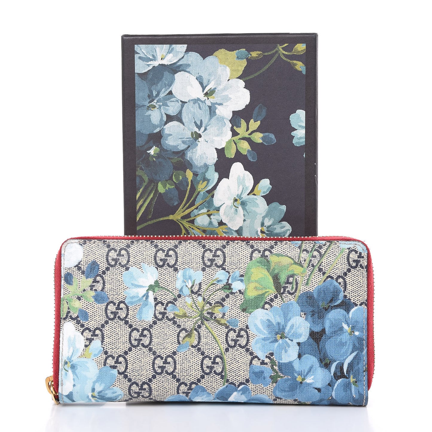 GG Supreme Monogram Blooms Zip Around Wallet Blue Red