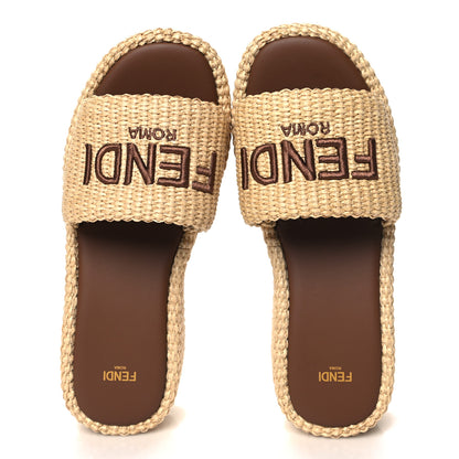 Fendi Raffia Womens FF Sunshine Flatform Slide Sandals 38.5 Beige 2 of 9