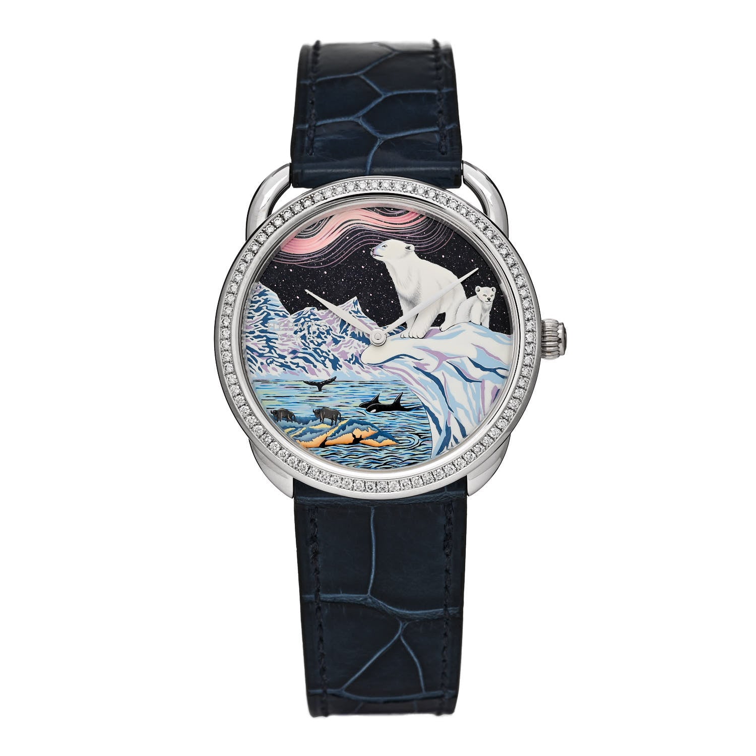 Hermes 18K White Gold Alligator Diamond 38mm Arceau Into the Canadian Wild Automatic Watch Bleu Saphir 1 of 5