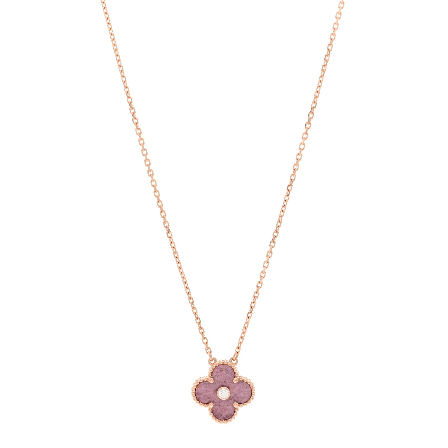 18K Rose Gold Diamond Rhodonite Vintage Alhambra Pendant Necklace