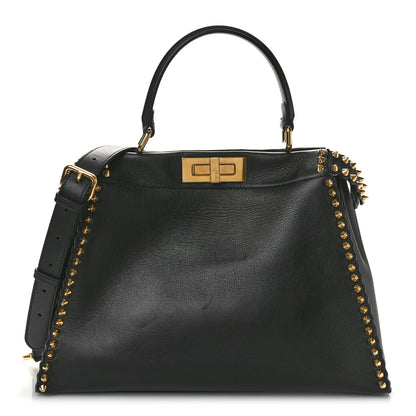 Fendi Vitello Seta Shiny Nappa Scalloped Studded Medium Peekaboo Iconic Satchel Black 1 of 14