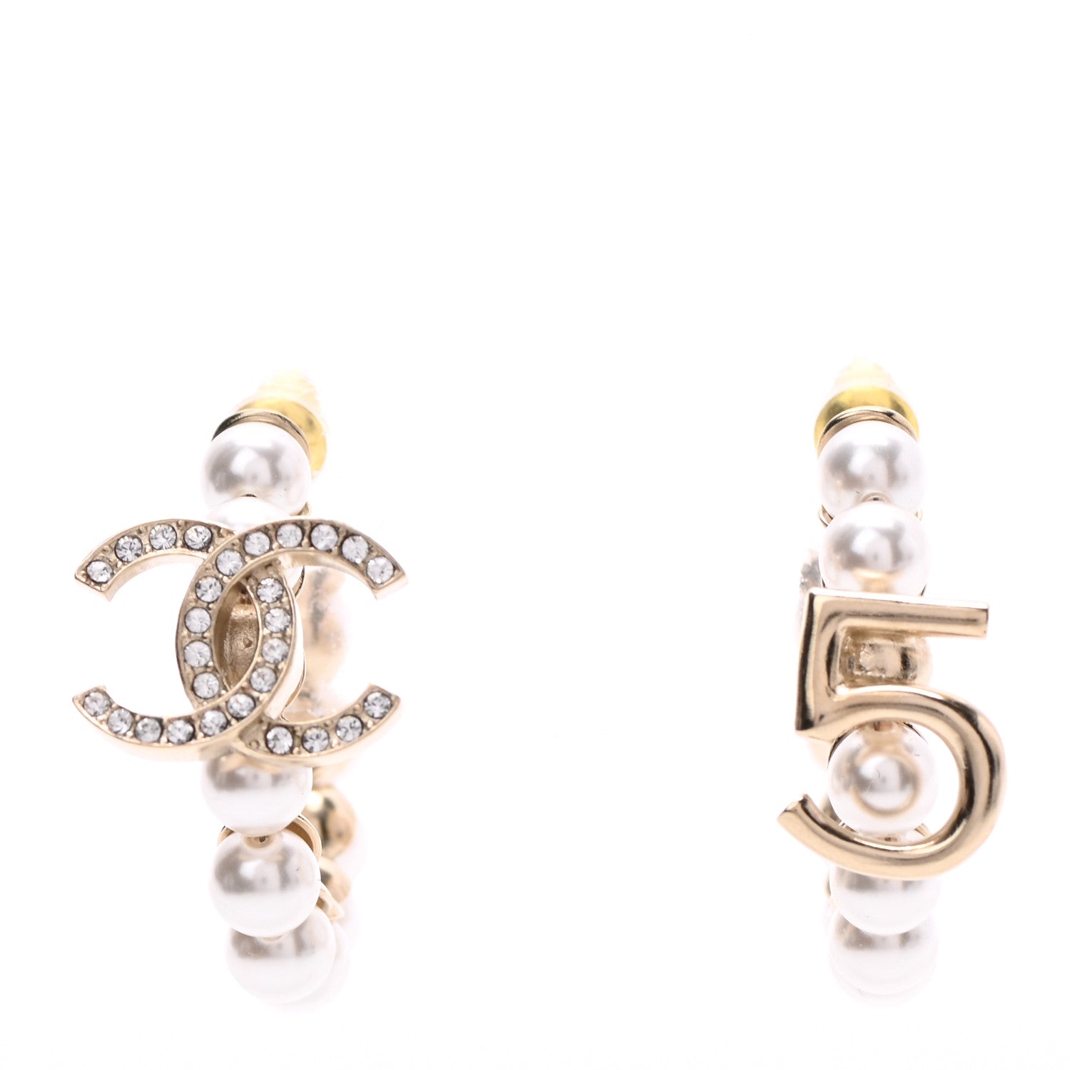 Chanel Crystal Pearl CC No 5 Hoop Drop Earring Gold 1 of 4