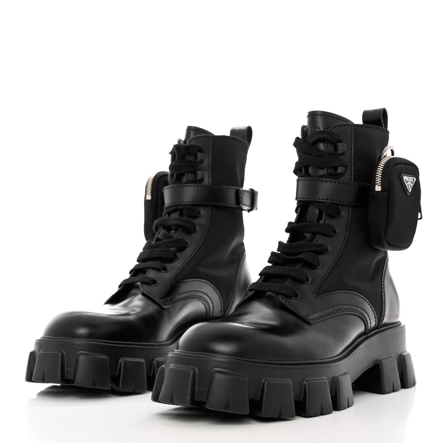 Prada Spazzolato Rois Re-Nylon Metal Triangle Logo Mens Monolith Pouch Pocket 60mm Combat Boots 10 Black 3 of 9