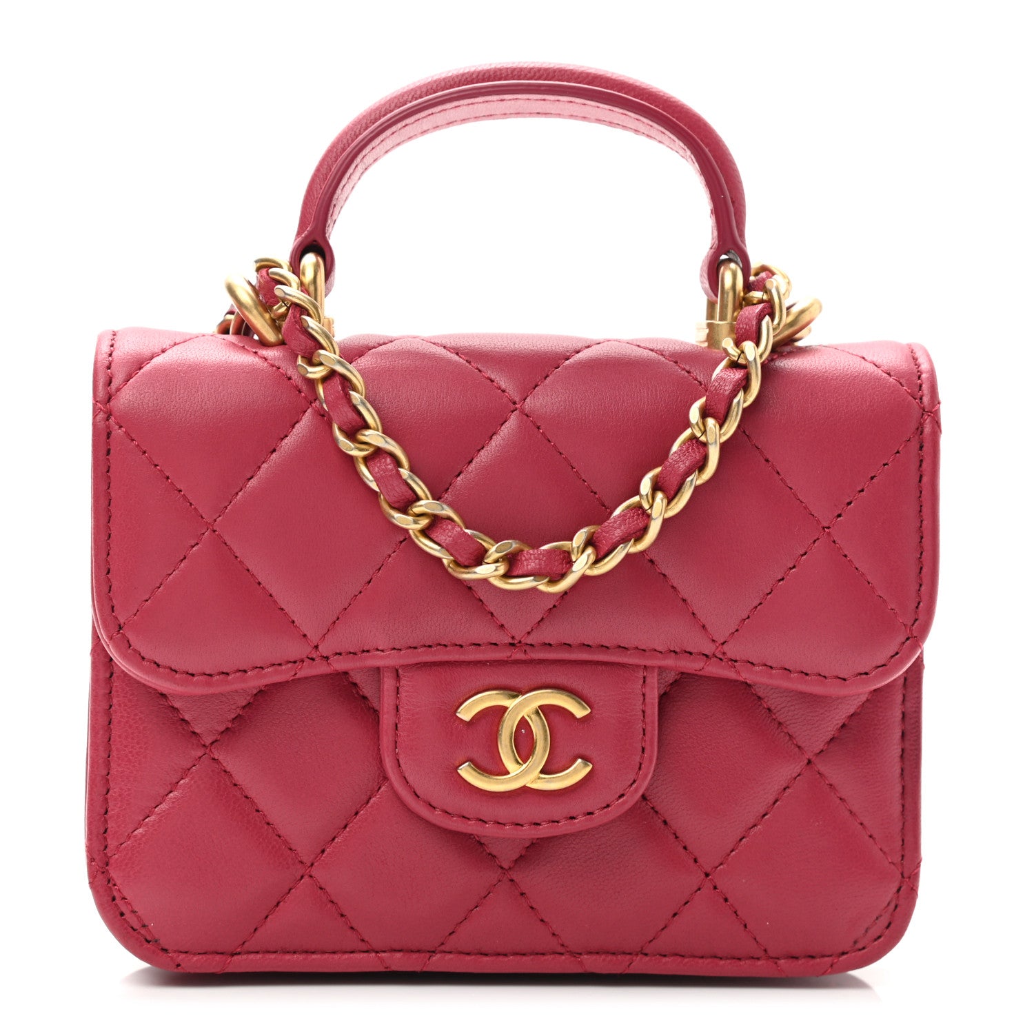 Chanel Lambskin Quilted Top Handle Flap Coin Purse With Chain Dark Pink 3 of 10