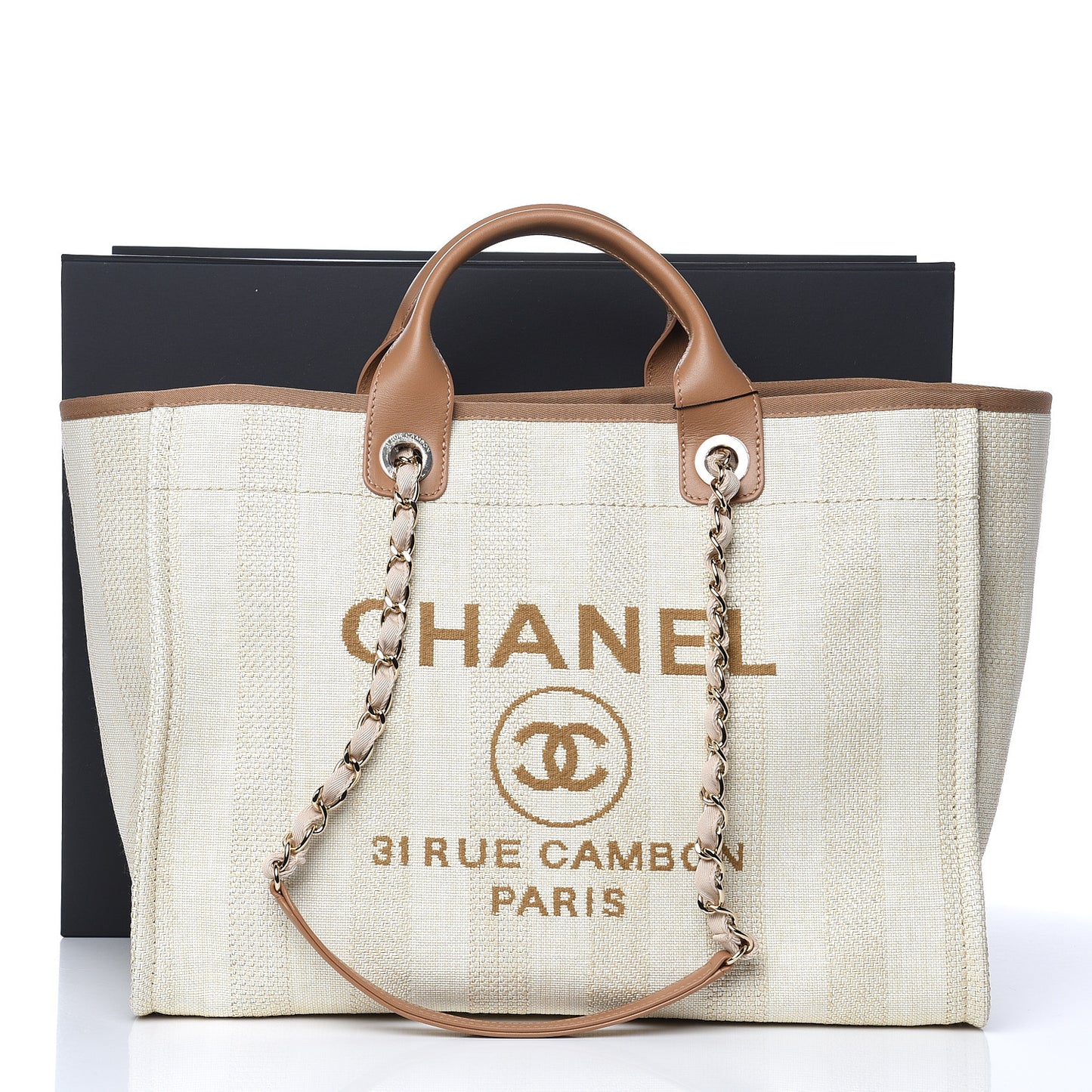 Straw Raffia Calfskin Striped Large Deauville Tote Beige