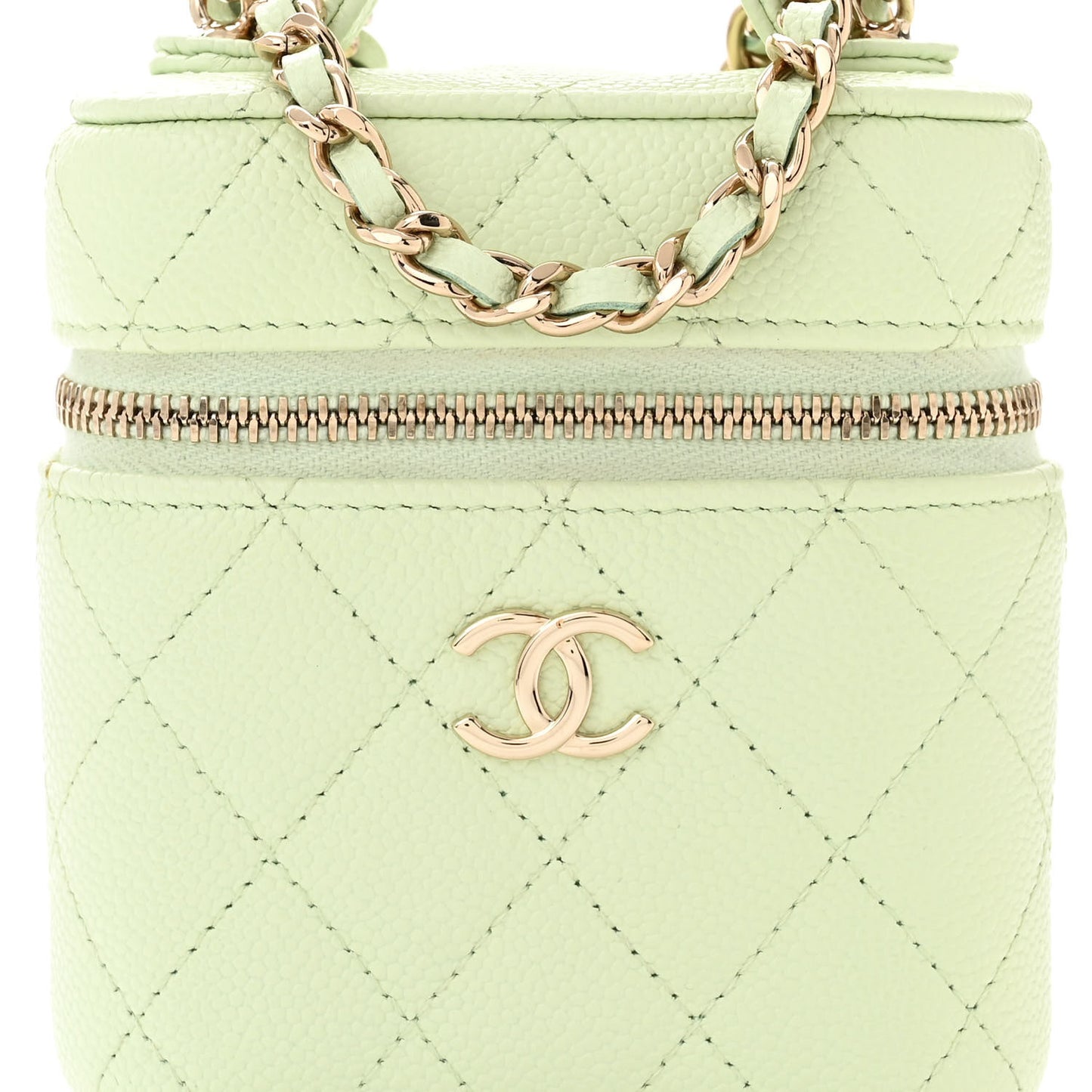 Caviar Quilted Small Handle With Care Vanity Case With Chain Light Green