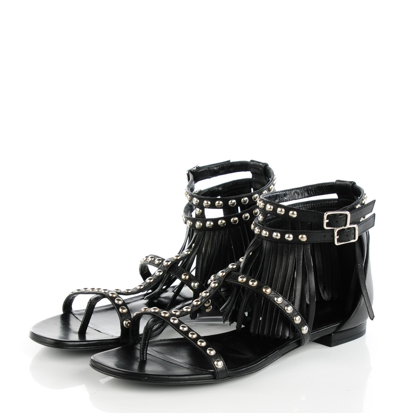 Calfskin Studded Fringe Cyuko Sandals 38 Black