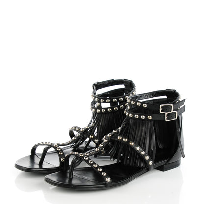 Saint Laurent Calfskin Studded Fringe Cyuko Sandals 38 Black 3 of 8