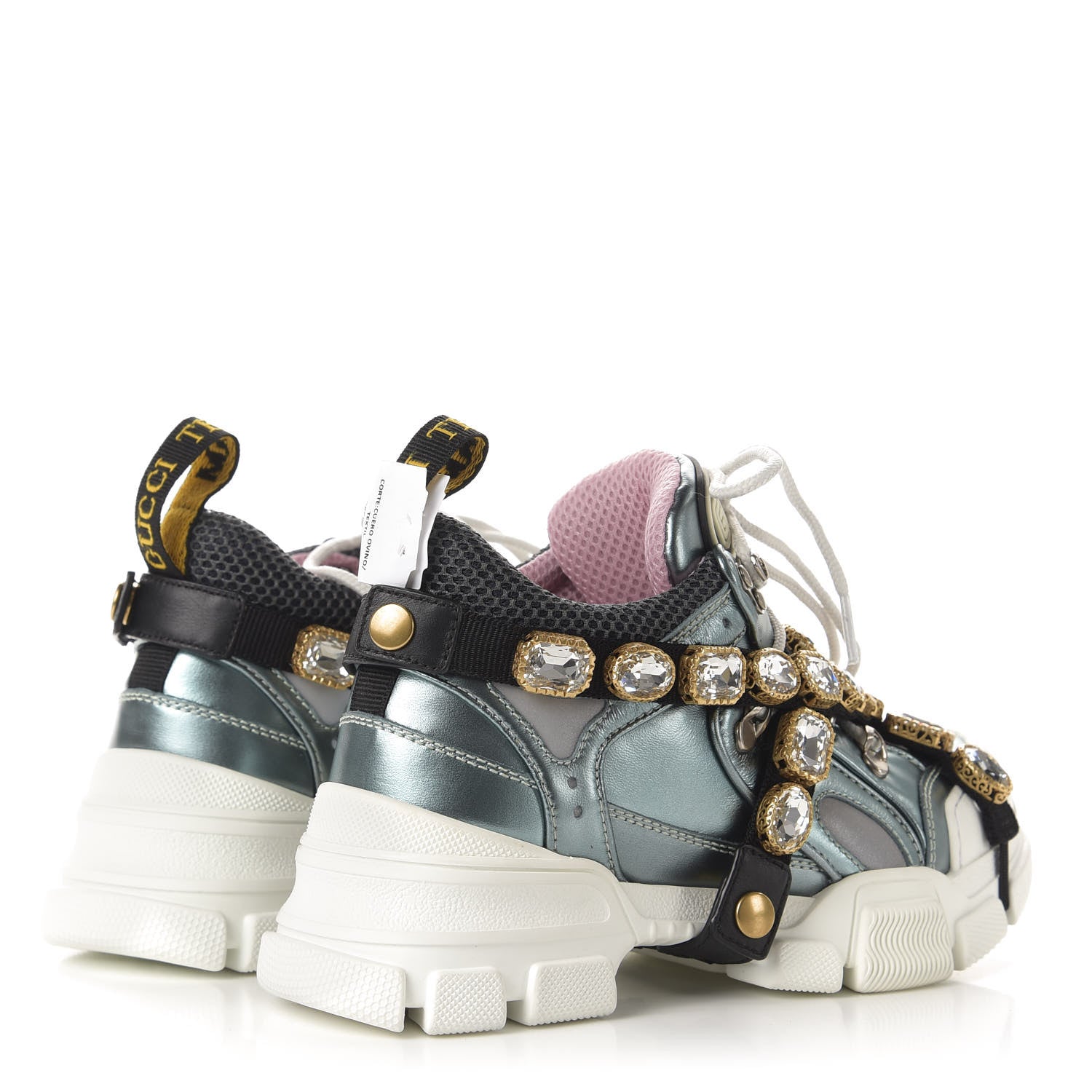 Gucci X SEGA Metallic Calfskin Removable Crystals Womens Flashtrek Sneakers 35.5 Lago Loess Silver 4 of 8