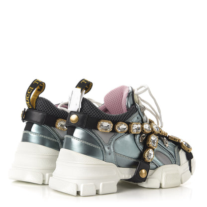 Gucci X SEGA Metallic Calfskin Removable Crystals Womens Flashtrek Sneakers 35.5 Lago Loess Silver 4 of 8