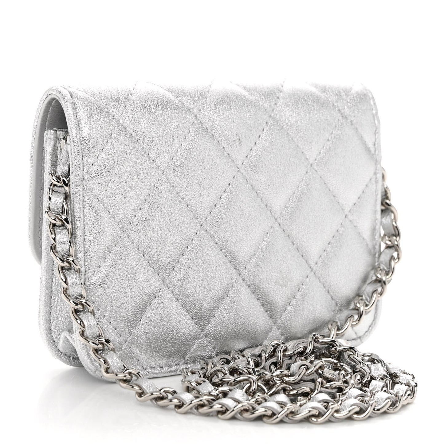 Metallic Goatskin Quilted Crystal CC Walk Of Fame Clutch With Chain Silver