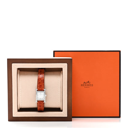 Hermes Stainless Steel Alligator Diamond Bezel Mother of Pearl 17.2mm Heure H Hour Quartz Watch Orange 5 of 5
