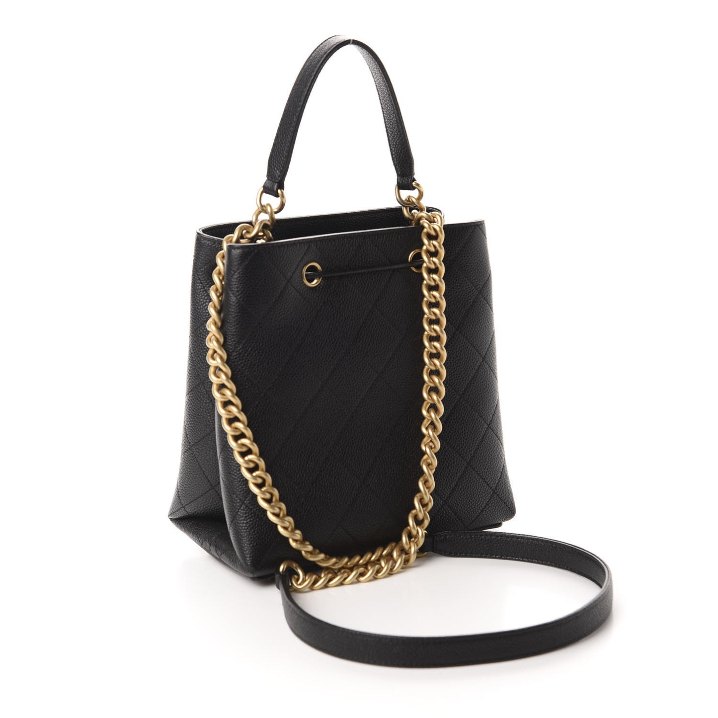 Grained Calfskin Stitched Small Drawstring Bag Black