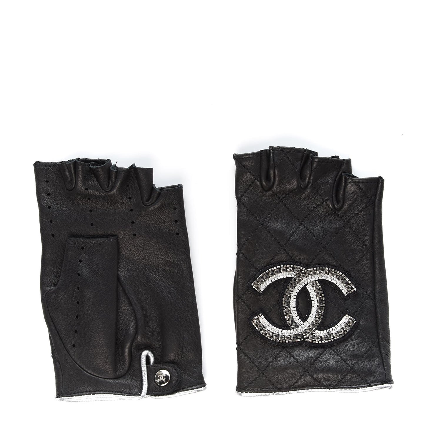 Lambskin Stitched Fingerless CC Embellished Gloves 7 Black
