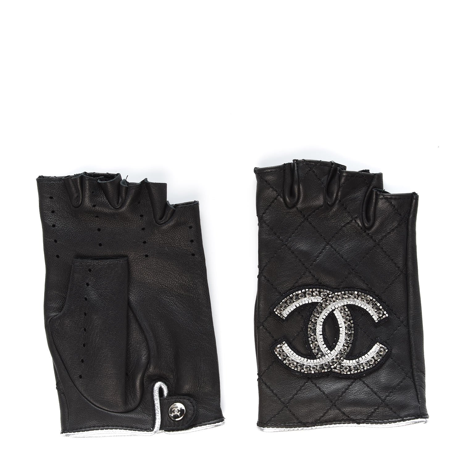 Chanel Lambskin Stitched Fingerless CC Embellished Gloves 7 Black 3 of 6