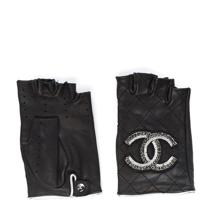Chanel Lambskin Stitched Fingerless CC Embellished Gloves 7 Black 3 of 6