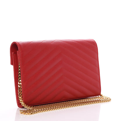Saint Laurent Grain De Poudre Matelasse Chevron Monogram Chain Wallet New Red 3 of 9