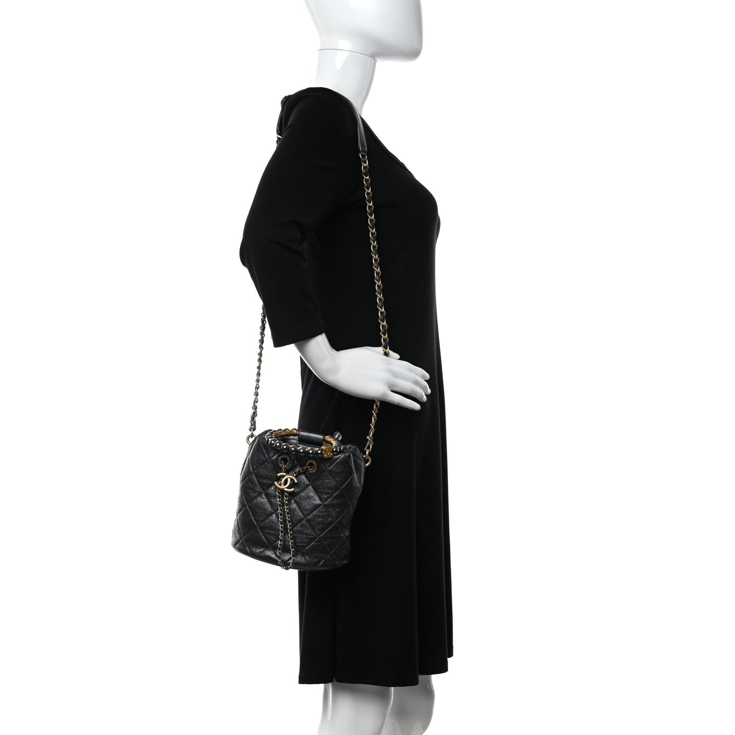 Metallic Lambskin Quilted Pearl Crown Drawstring Bag Anthracite