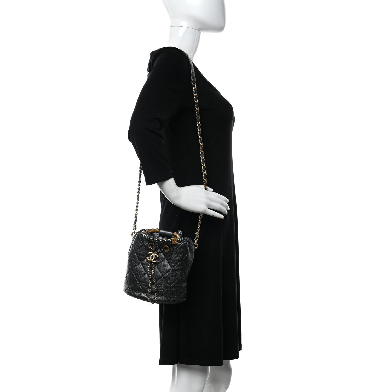 Chanel Metallic Lambskin Quilted Pearl Crown Drawstring Bag Anthracite 2 of 10