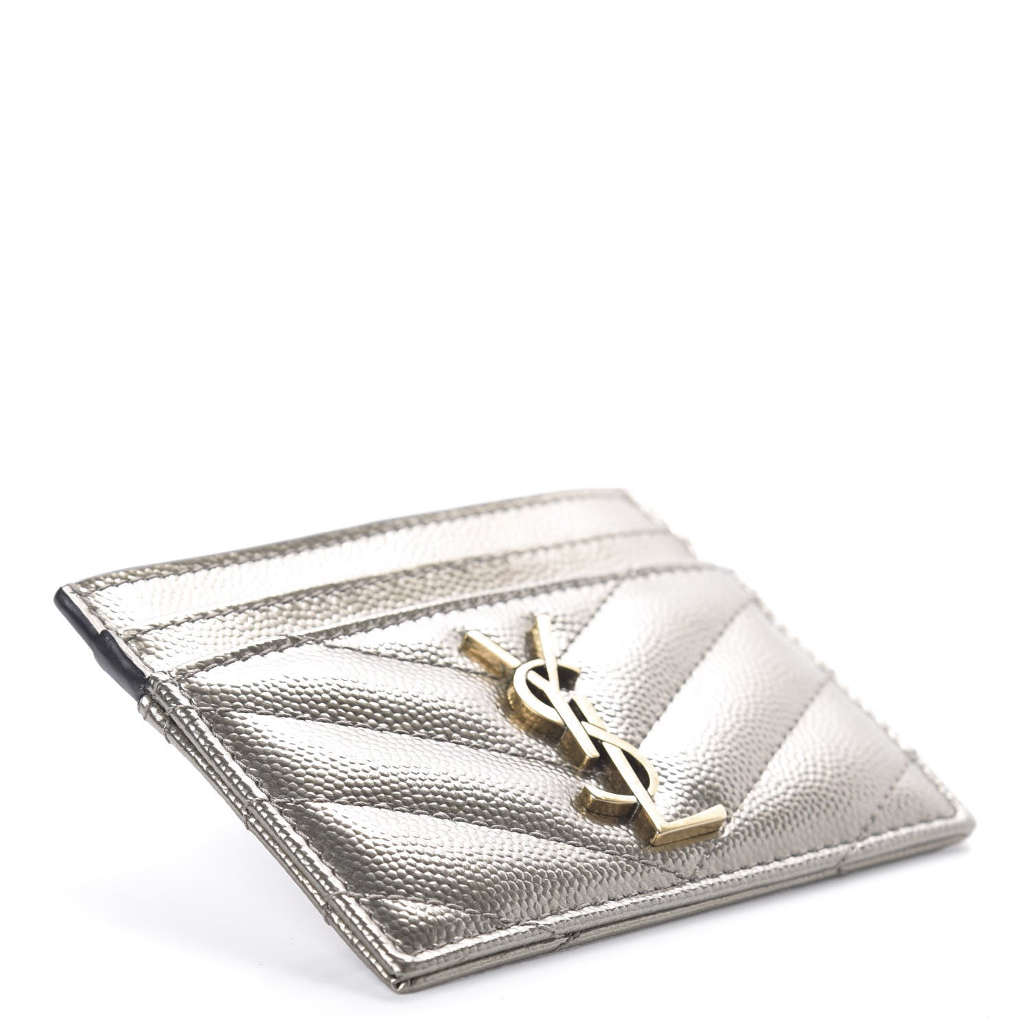 Saint Laurent Metallic Grain De Poudre Matelasse Chevron Monogram Credit Card Case Pimbo 4 of 6