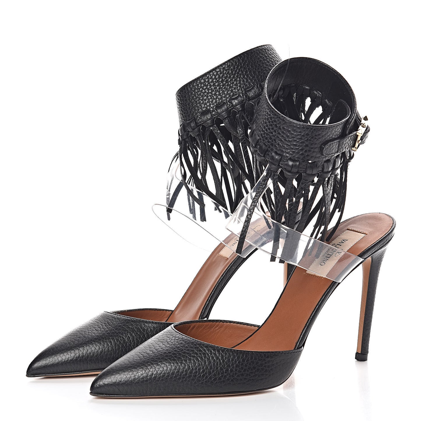 Grained Calfskin C Rockee Fringe Ankle Wrap Pumps 38 Black