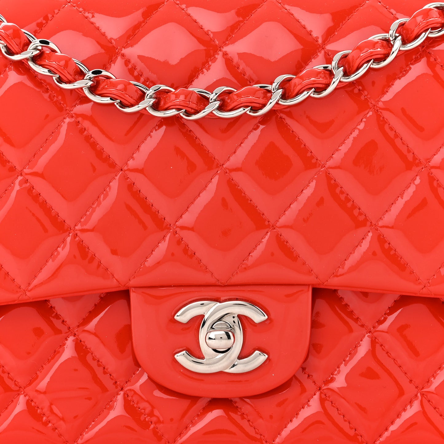 Patent Calfskin Quilted Medium Double Flap Red