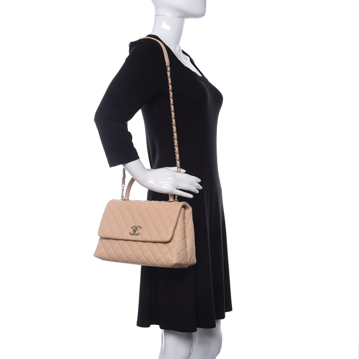 Caviar Lizard Embossed Quilted Small Coco Handle Flap Beige