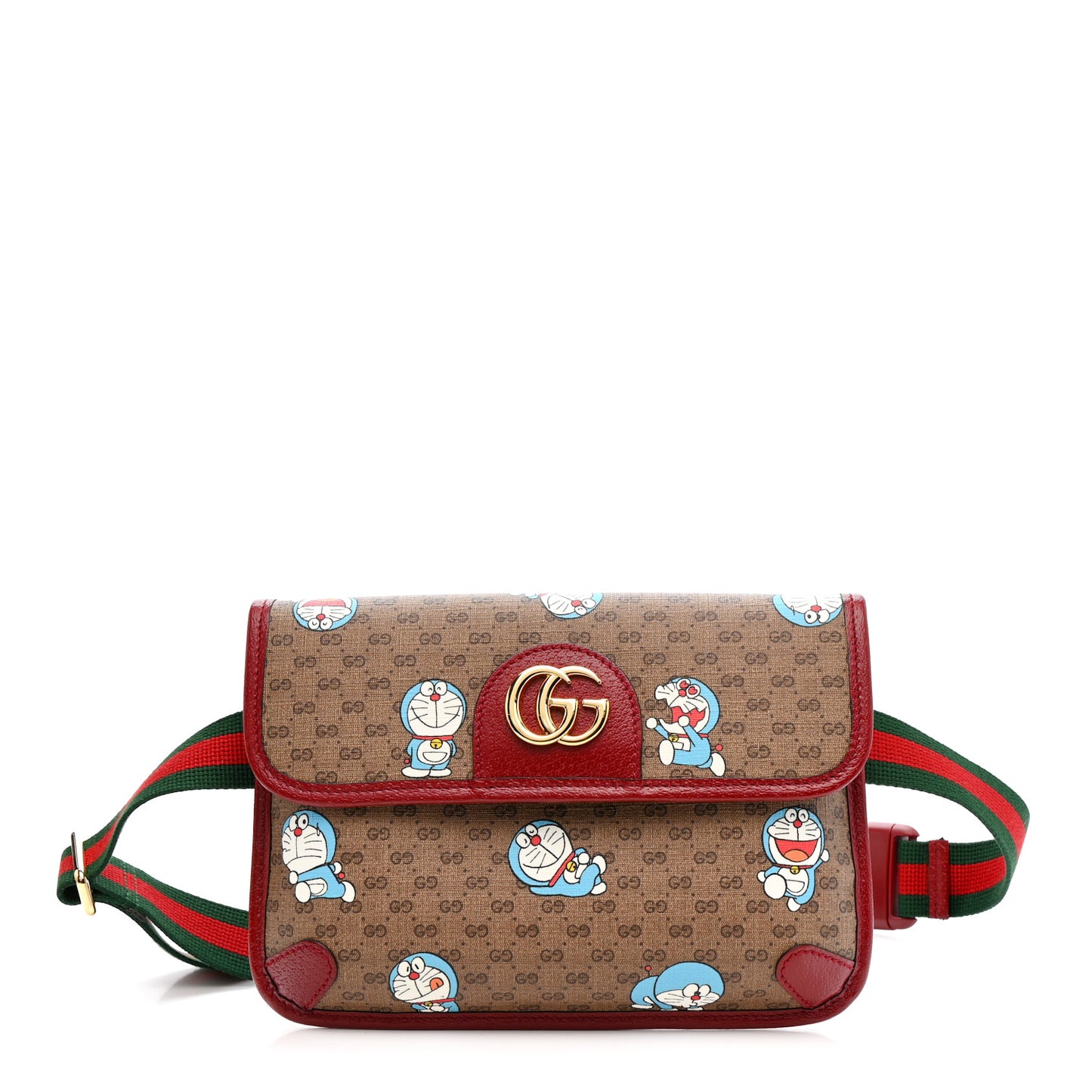 X DORAEMON Mini Vintage GG Supreme Monogram Web Slim Belt Bag Beige Cherry Red