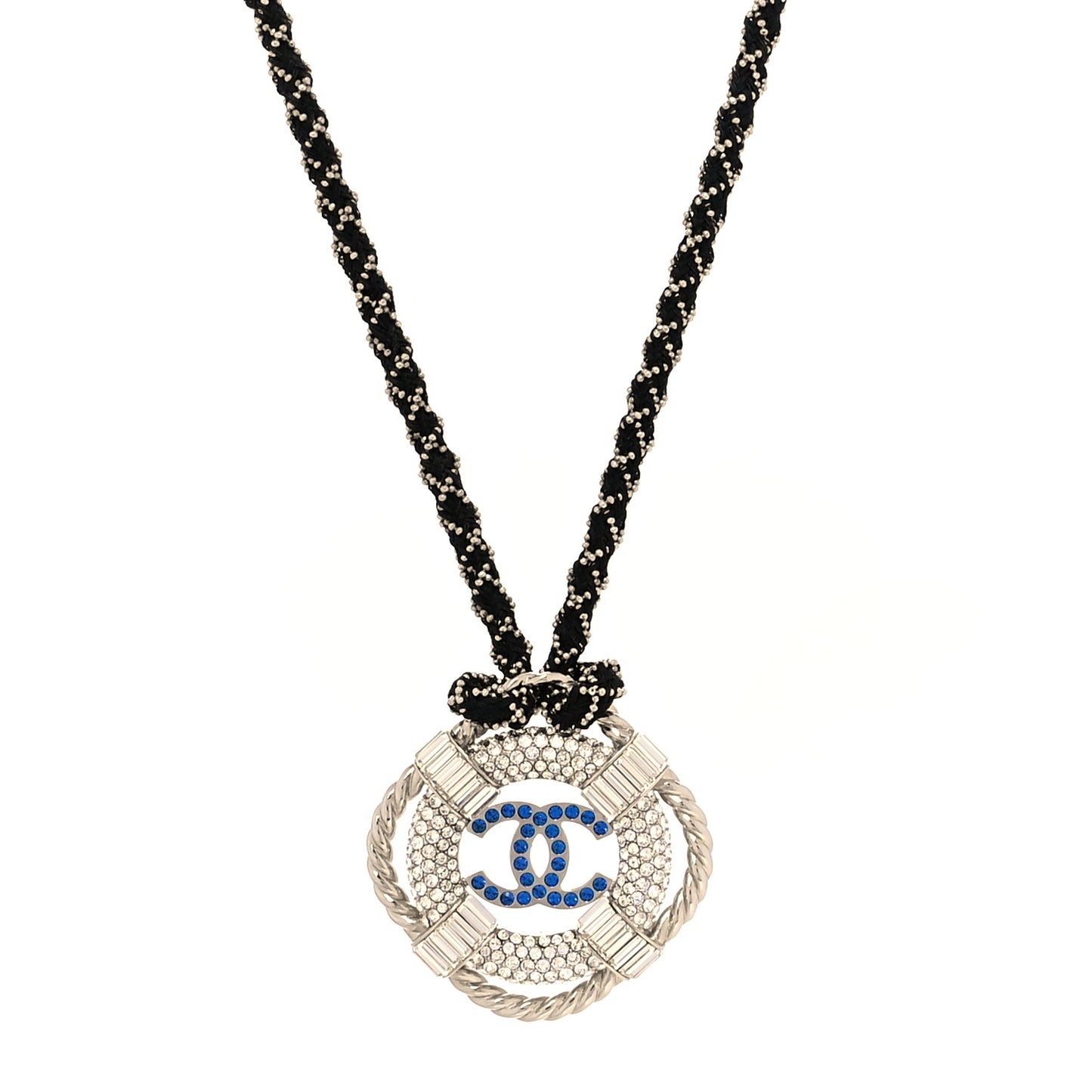Crystal CC Lifesaver Rope Pendant Necklace Silver Blue
