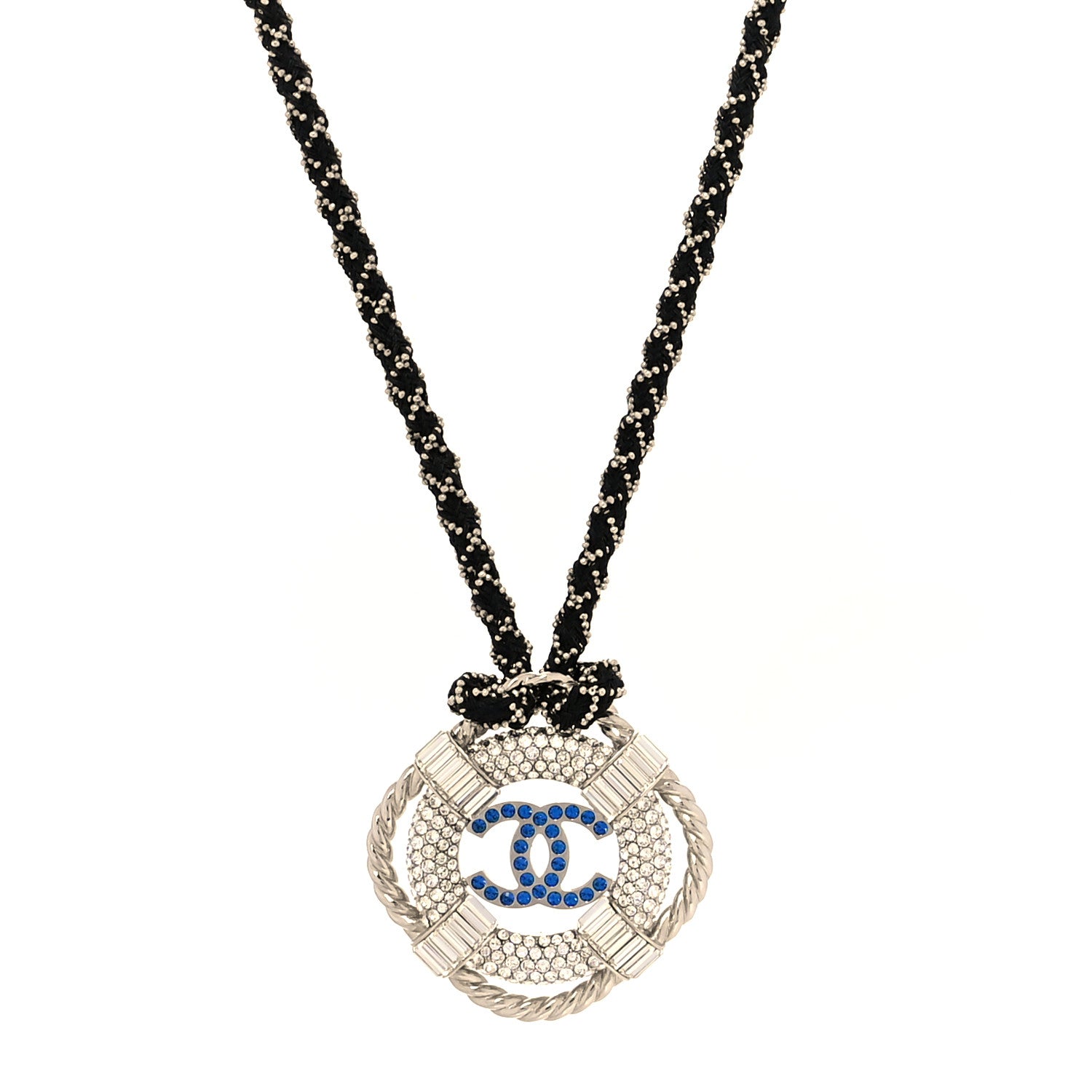 Chanel Crystal CC Lifesaver Rope Pendant Necklace Silver Blue 1 of 5