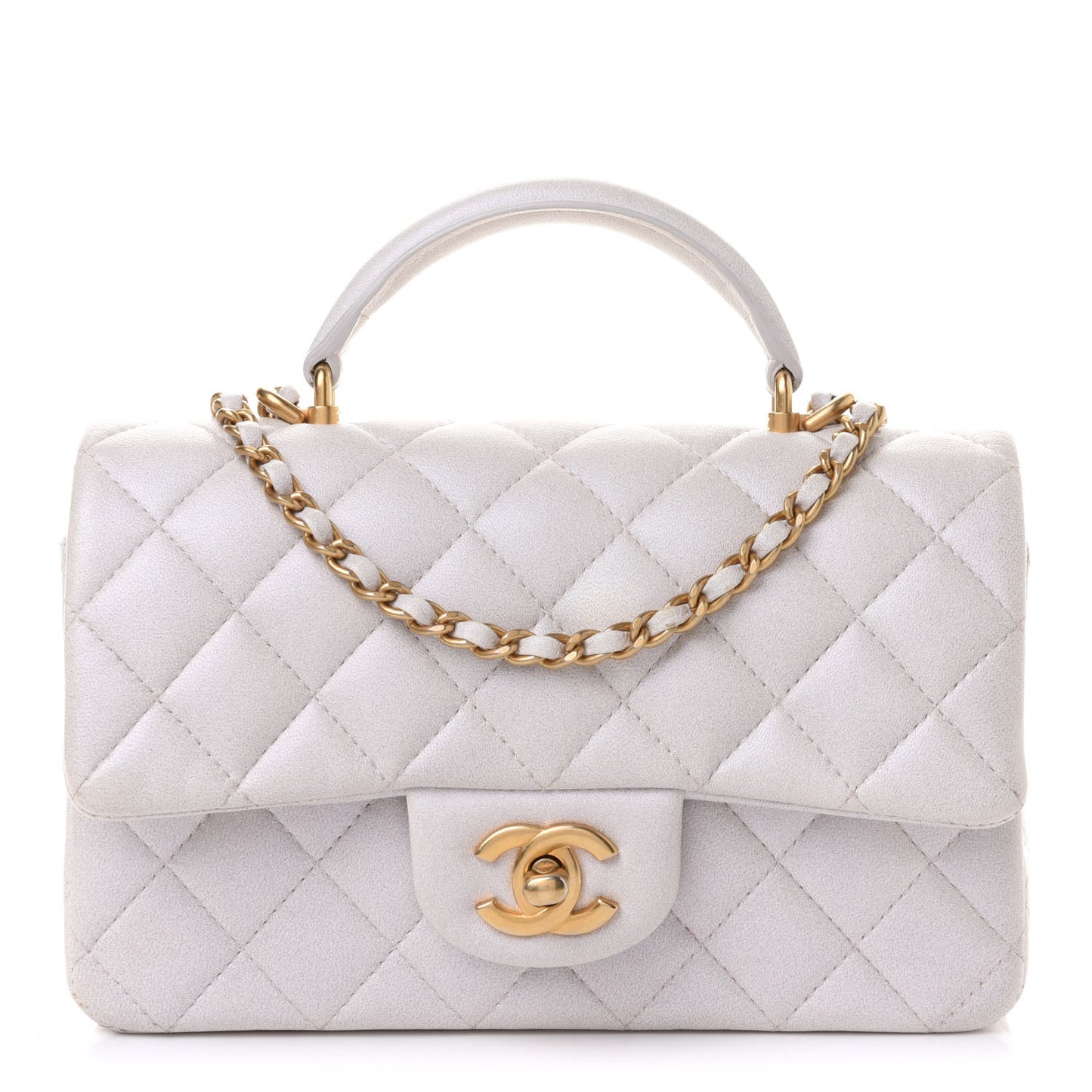 Iridescent Lambskin Quilted Mini Top Handle Rectangular Flap White