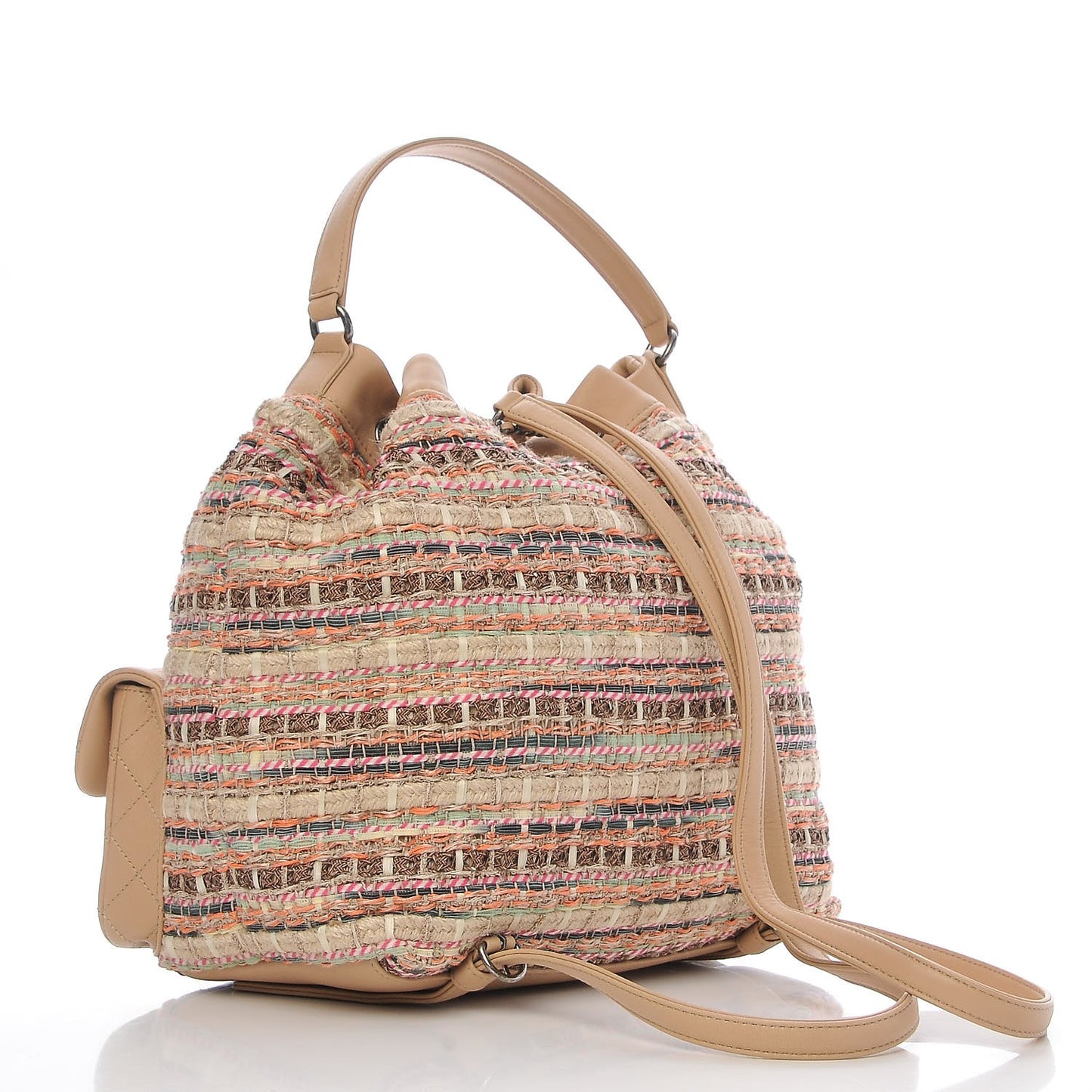 Woven Canvas Lambskin Quilted Tweed Backpack Pocket Beige