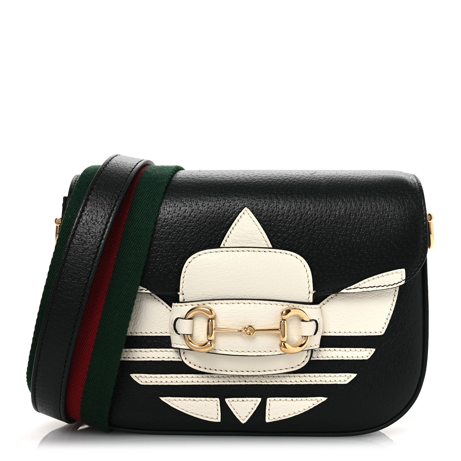 Gucci X ADIDAS Textured Dollar Calfskin Web Trefoil Mini Horsebit 1955 Shoulder Bag Black Off White 1 of 11
