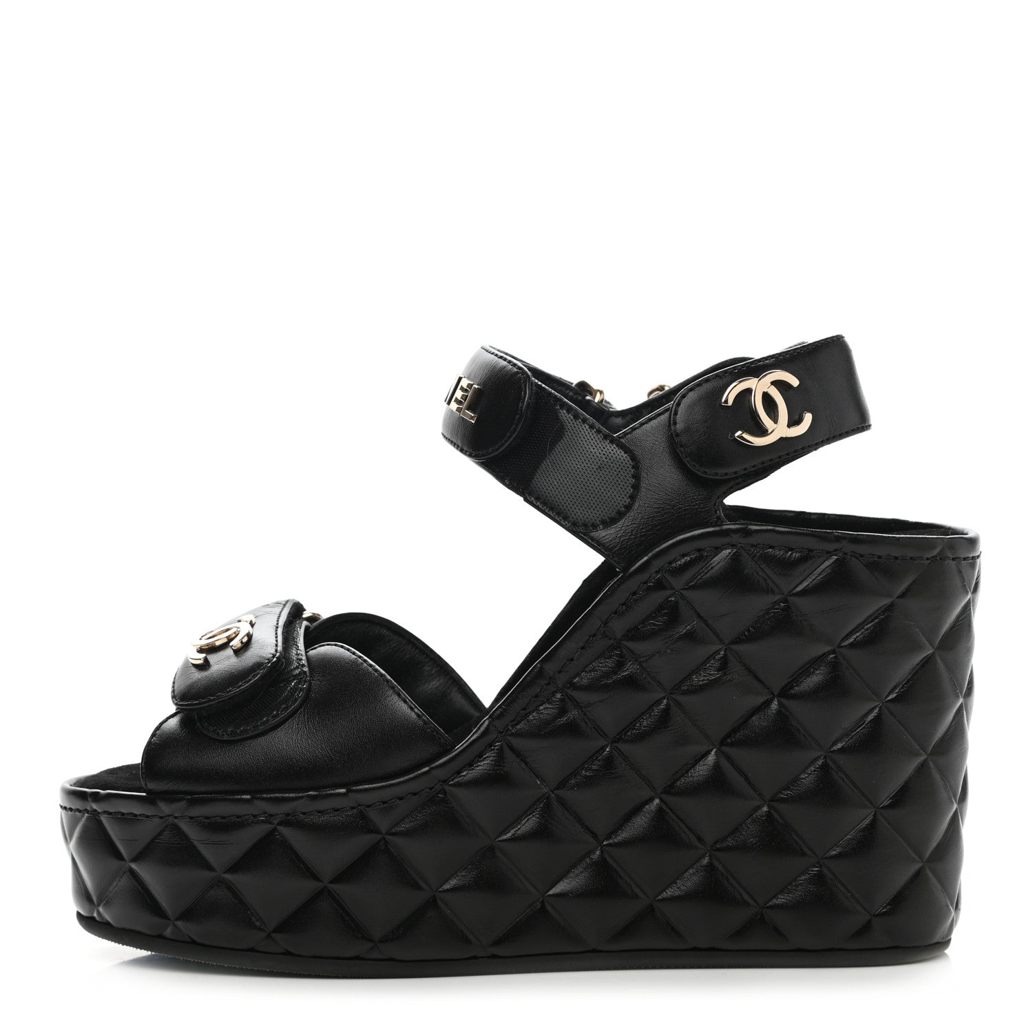 Chanel Shiny Calfskin Quilted Wedge Sandals 35 Black 1 of 8