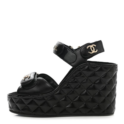 Chanel Shiny Calfskin Quilted Wedge Sandals 35 Black 1 of 8