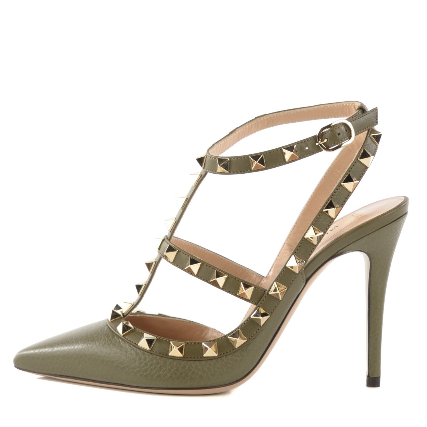 Valentino Garavani Pebbled Calfskin Rockstud Ankle Strap Pumps 37 Army Green 1 of 8