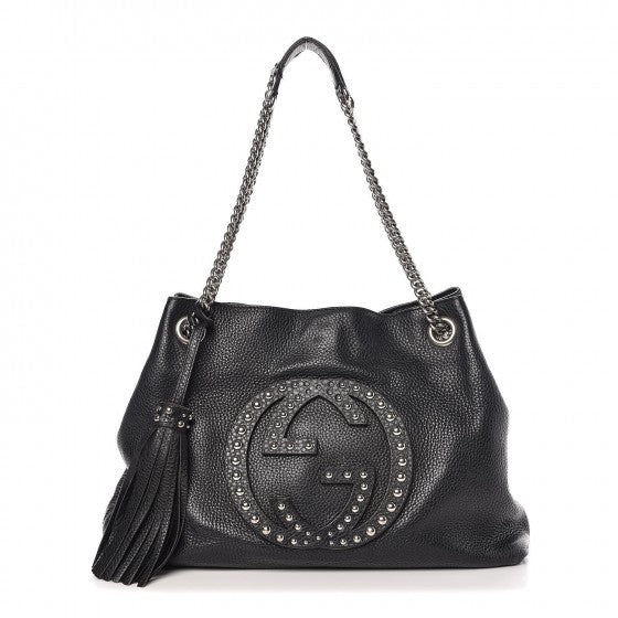 Pebbled Calfskin Studded Medium Soho Chain Shoulder Bag Black