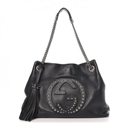 Gucci Pebbled Calfskin Studded Medium Soho Chain Shoulder Bag Black 1 of 9