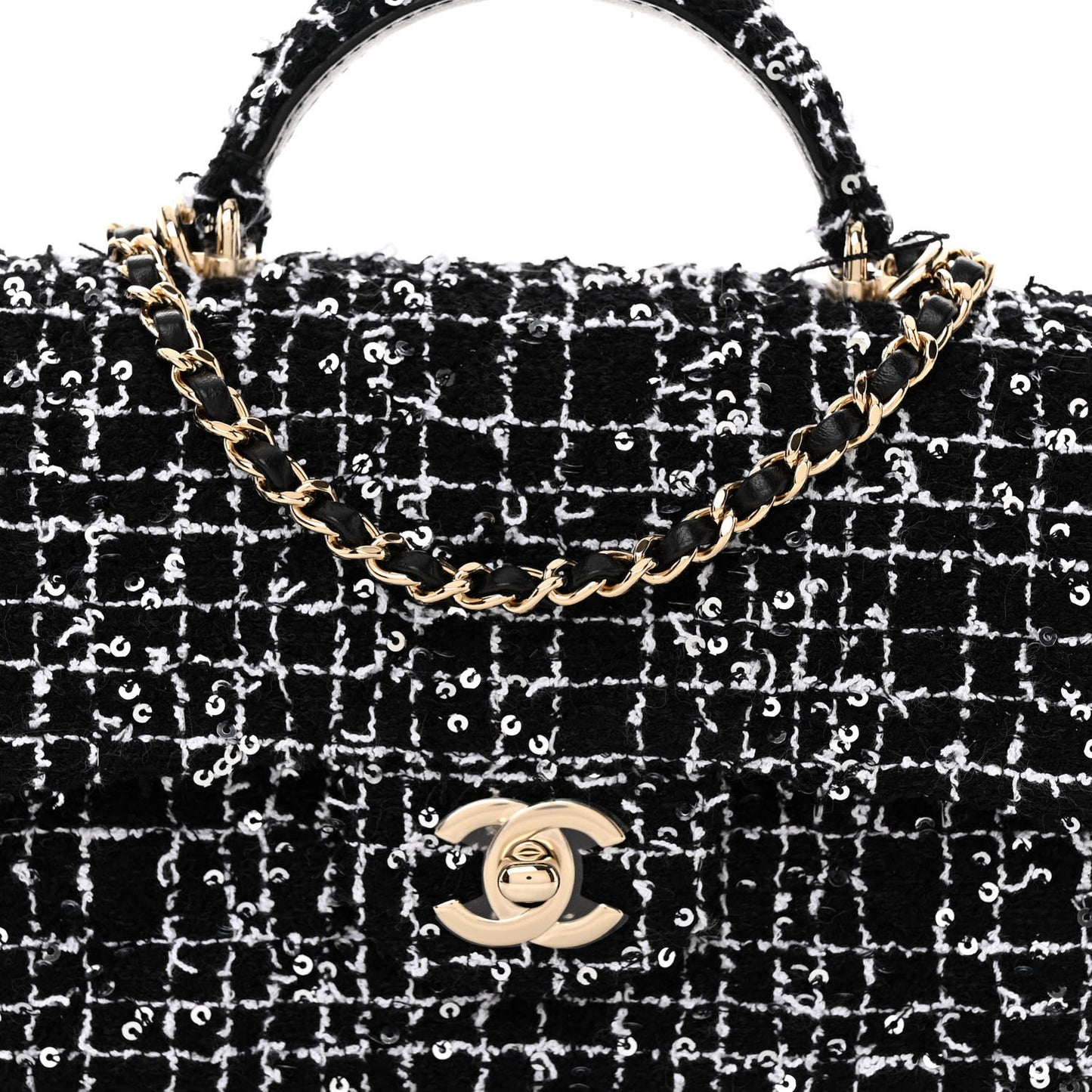 Tweed Quilted Mini Top Handle Rectangular Flap Black White