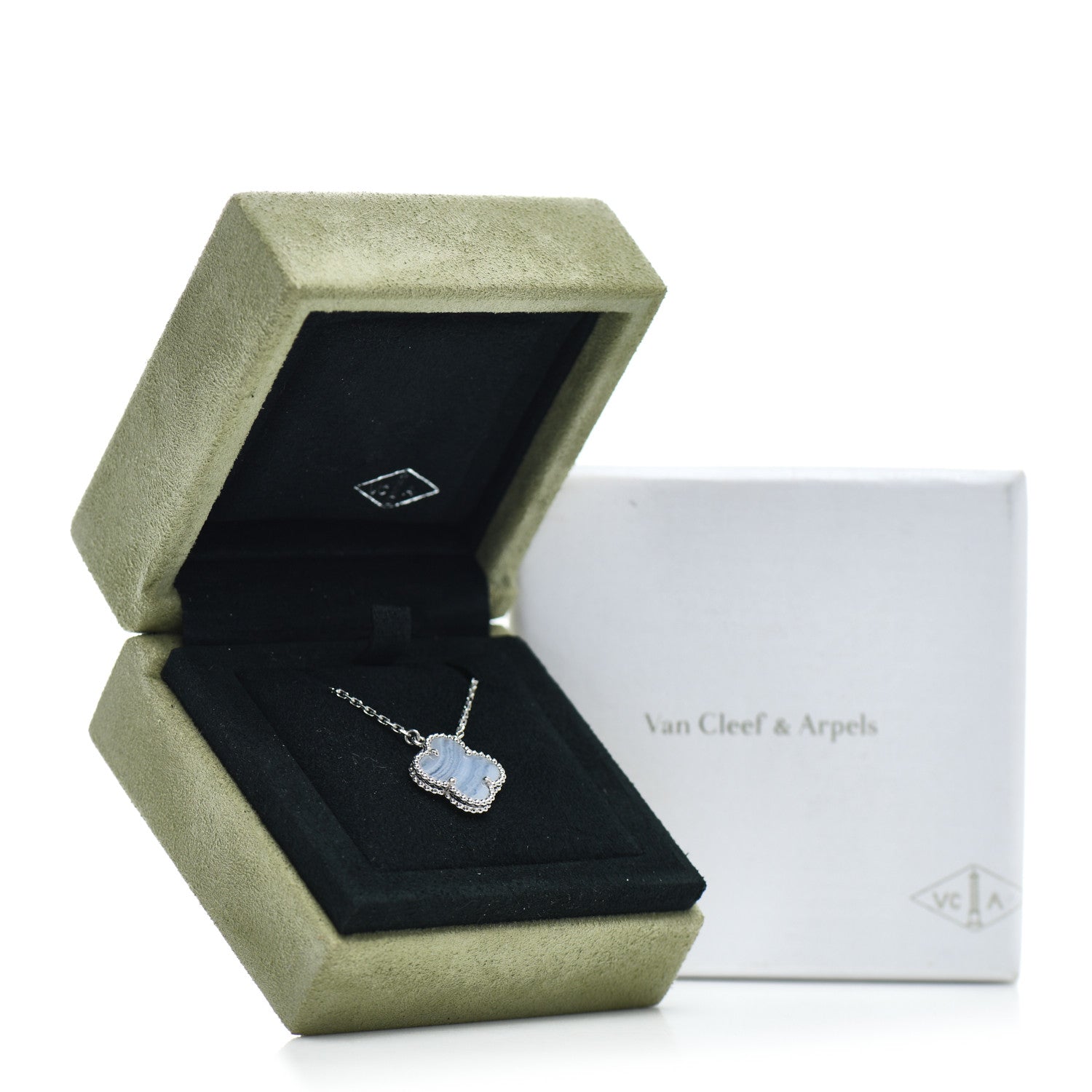 Van Cleef & Arpels 18K White Gold Chalcedony Vintage Alhambra Pendant Necklace 5 of 5
