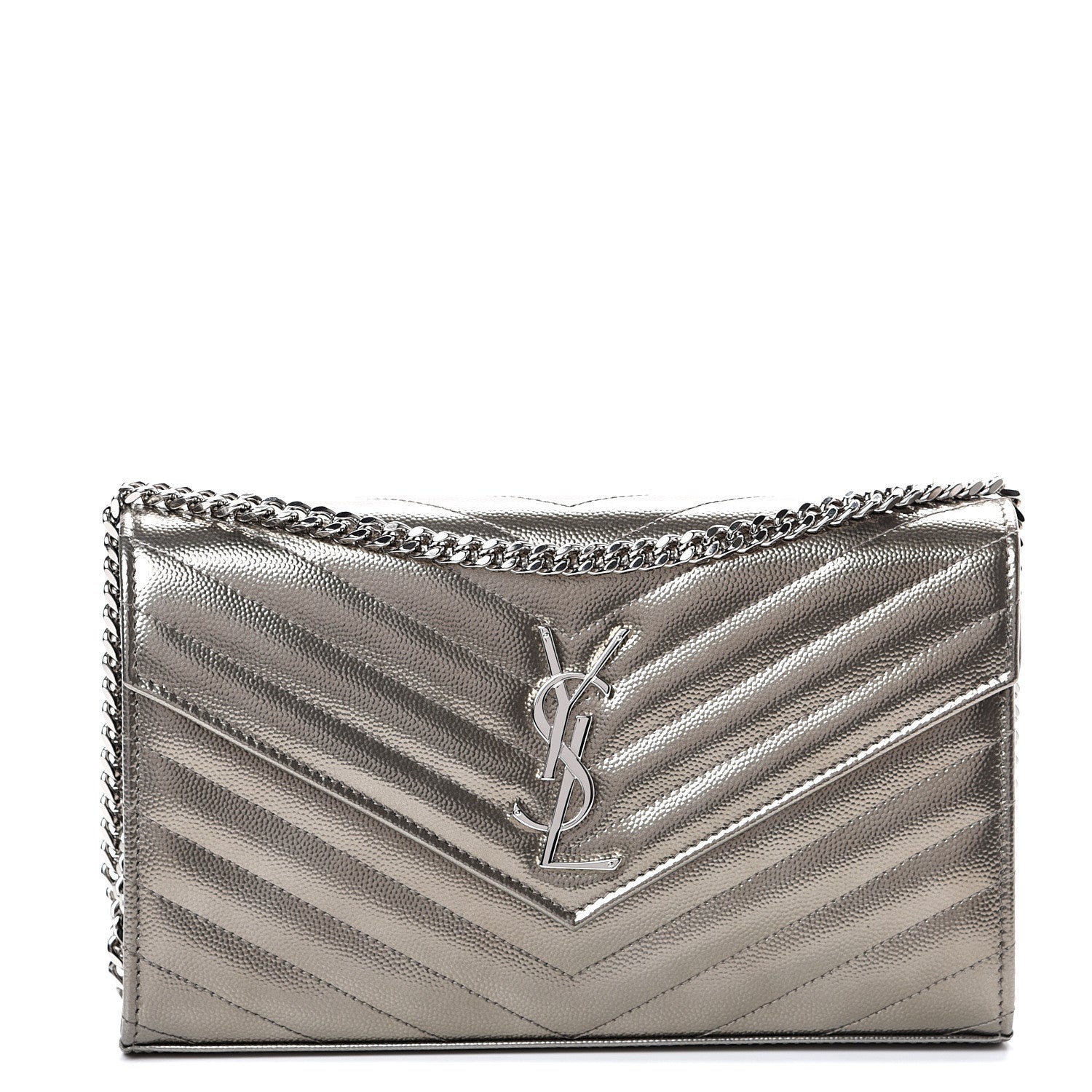 Saint Laurent Metallic Grain De Poudre Matelasse Chevron Monogram Chain Wallet Piombo 1 of 11