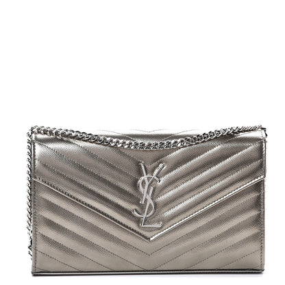 Saint Laurent Metallic Grain De Poudre Matelasse Chevron Monogram Chain Wallet Piombo 1 of 11