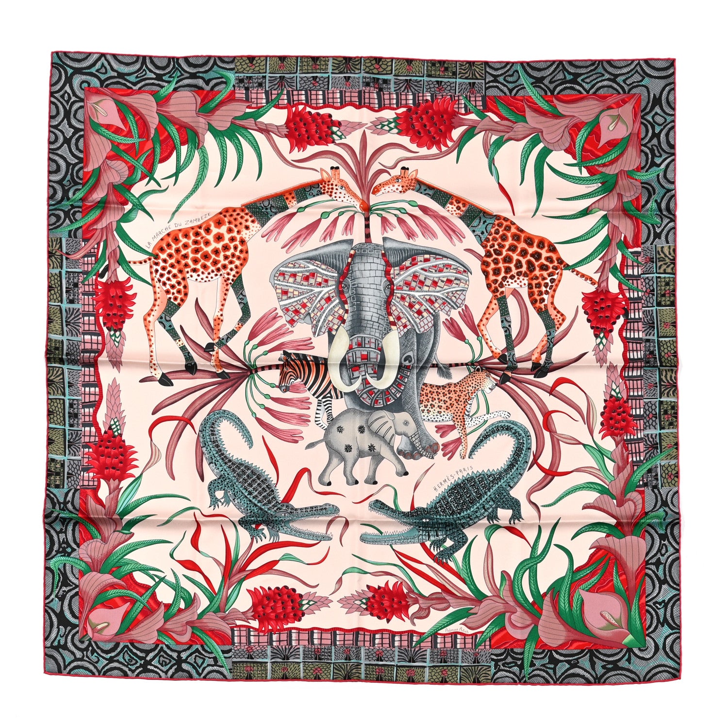 Hermes Silk La Marche Du Zambeze Scarf 90 Rose Pale Rouge Vert 1 of 6