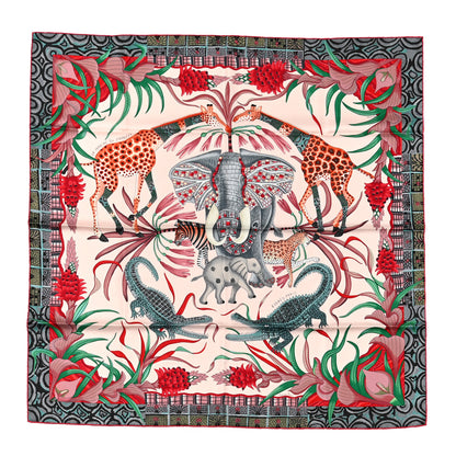 Hermes Silk La Marche Du Zambeze Scarf 90 Rose Pale Rouge Vert 1 of 6