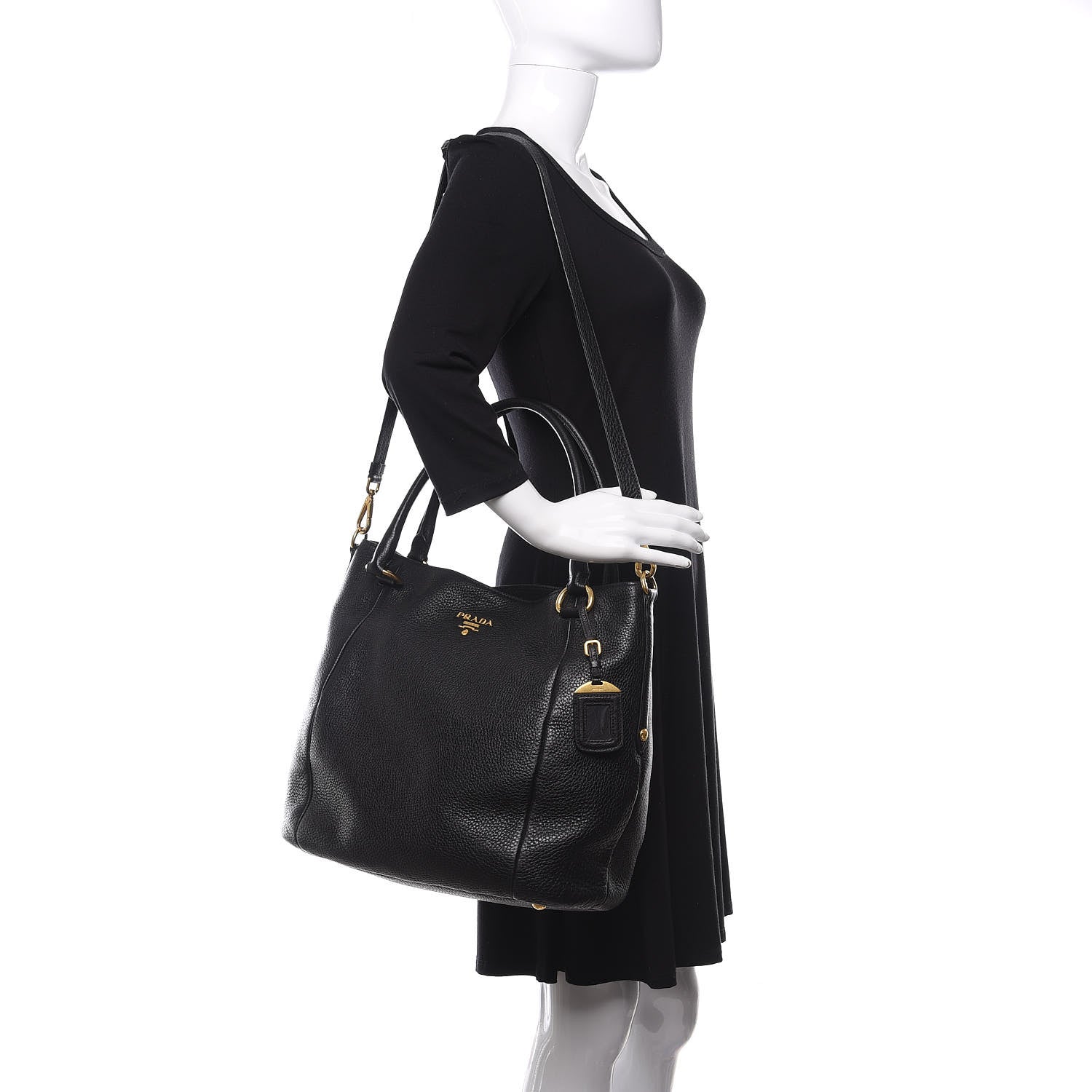 Prada Vitello Daino Side Pocket Tote Black 2 of 9